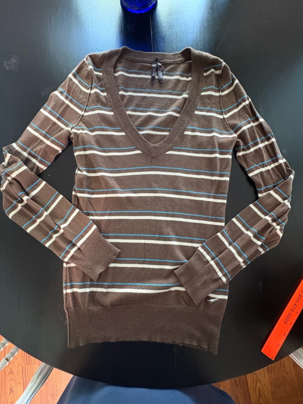 Fossil Brown Sweater with Blue and White Stripes